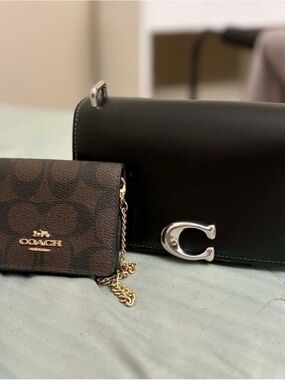 Coach Brown Signature and Black Leather Chain Crossbody